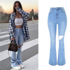 Blue Hole Denim Pants Hight Waist Ripped Jeans For Women PQTOP413