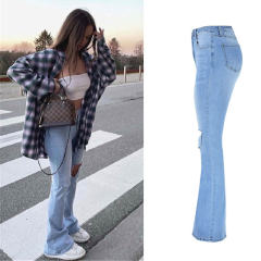 Blue Hole Denim Pants Hight Waist Ripped Jeans For Women PQTOP413