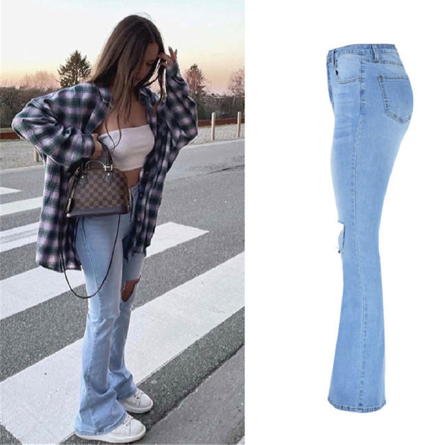 Blue Hole Denim Pants Hight Waist Ripped Jeans For Women PQTOP413