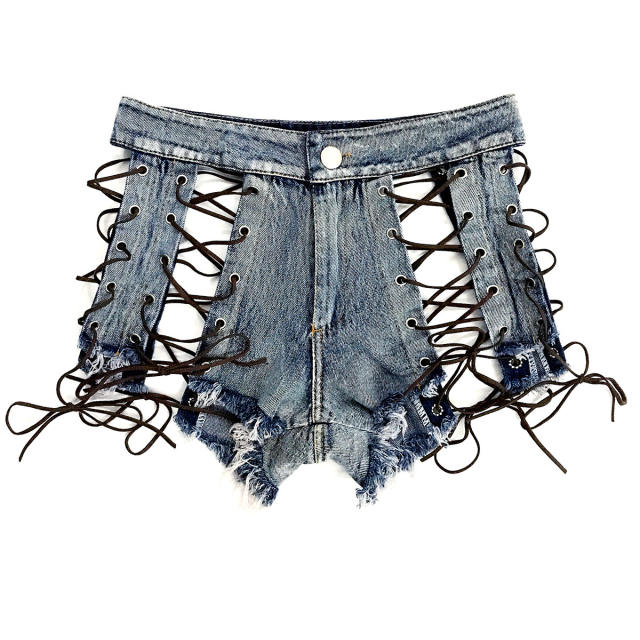 Blue Hollow Out Denim Shorts Lace Up Jeans Hot Pants PQ860B