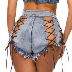 Blue Hollow Out Denim Shorts Lace Up Jeans Hot Pants PQ860B