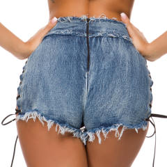 Blue Lace Up Jeans Hot Pants Hollow Out Denim Shorts PQ846