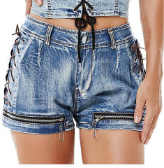 Blue Hollow Out Denim Shorts Zipper Jeans Hot Pants PQ693A