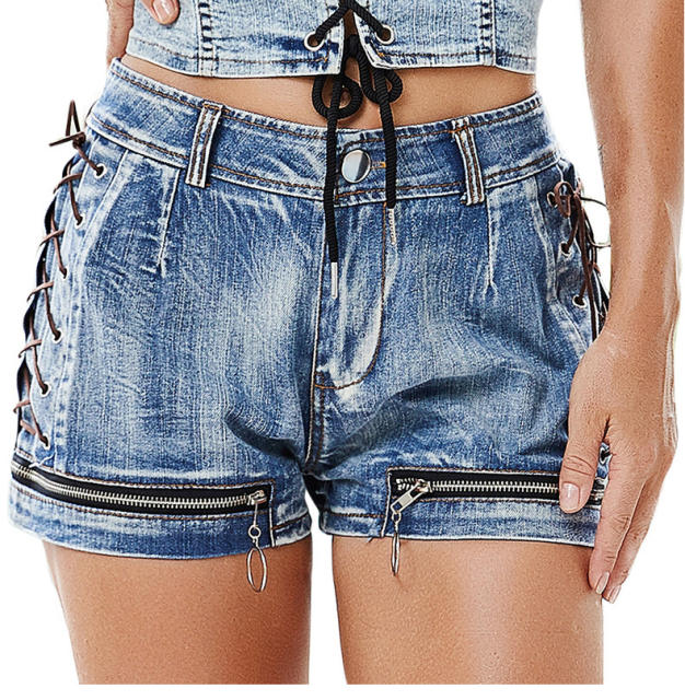 Blue Hollow Out Denim Shorts Zipper Jeans Hot Pants PQ693A