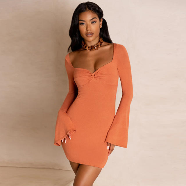 Orange Sexy Long Sleeve Bodycon Dresses Women Club Dress PQ4618B