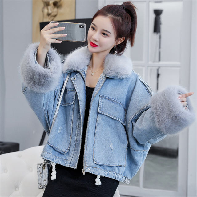 Blue Faux Fur Coat for Women Winter Chic Fur Jeans Jackets PQW003A