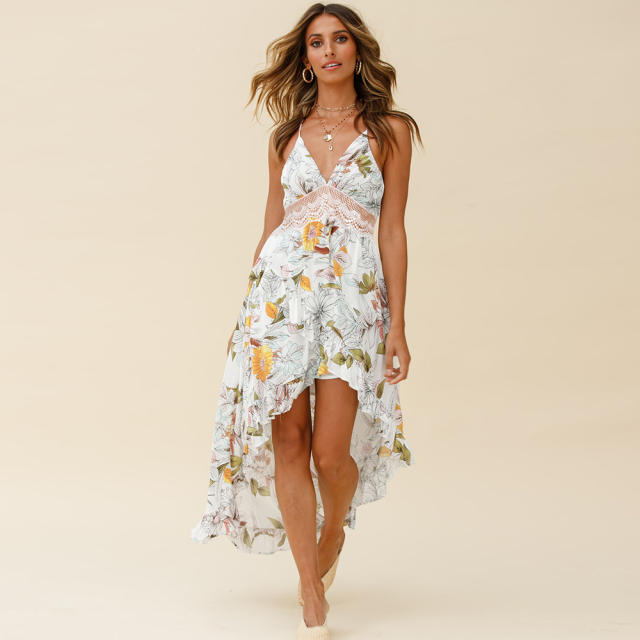 Pink Floral Print Boho Dress Summer Maxi Dresses Women PQLQ261B