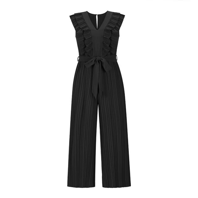 Dark Blue High Waist Pleated Jumpsuit Women Wide Leg Pants PQLQ281C