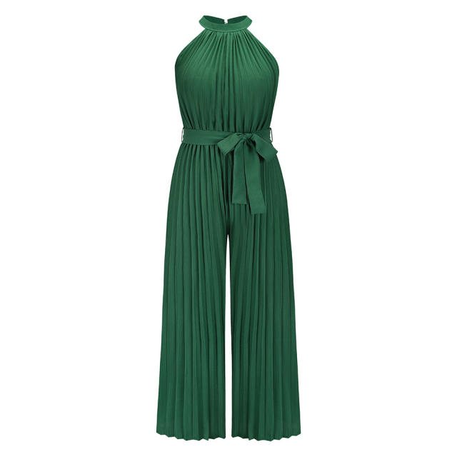 Blue Wide Leg Pants High Waist Pleated Jumpsuit Women PQLQ268B