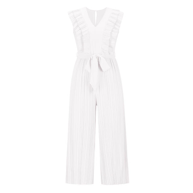 Dark Blue High Waist Pleated Jumpsuit Women Wide Leg Pants PQLQ281C