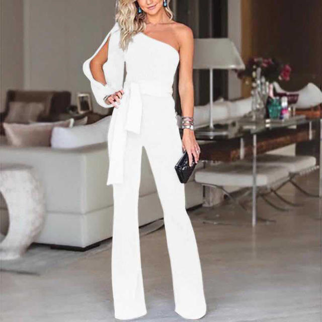 Solid Color One Shoulder Jumpsuit  High Waist Pants Women PQ8604