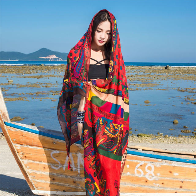 Wholesale Ethnic Silk Beach Towel Seaside Sunscreen Cotton Scarf PQ8803-14