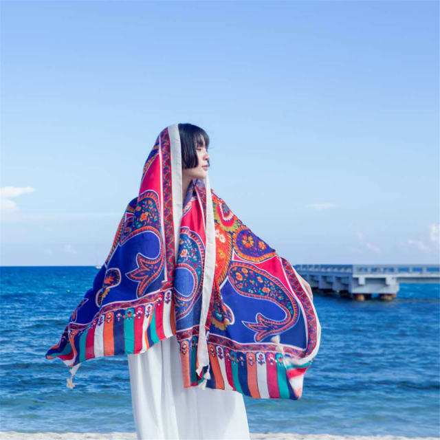 Wholesale Seaside Sunscreen Cotton Scarf Ethnic Silk Beach Towel PQ8803-10
