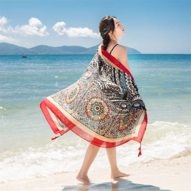 Wholesale Seaside Sunscreen Cotton Scarf Ethnic Silk Beach Towel PQ8803-10