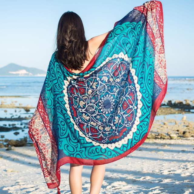 Seaside Sunscreen Silk Scarf Cotton Ethnic Beach Towel PQ8803-02