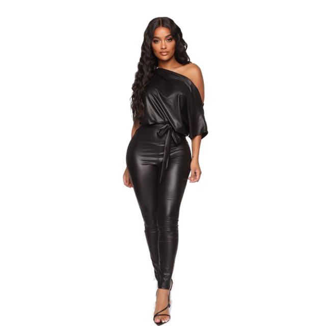 Brown Faux Leather Jumpsuit Wholesale PU Streetwear Women PQ8771B