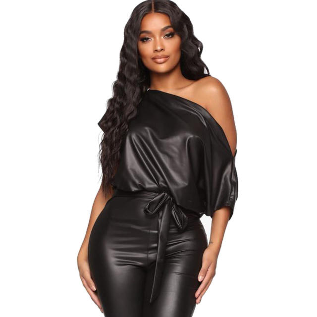 Brown Faux Leather Jumpsuit Wholesale PU Streetwear Women PQ8771B