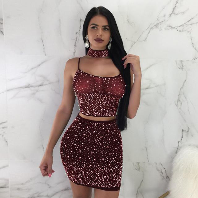 Rhinestone Sexy Club Mini Dress Women Two Pieces Dresses PQ2033