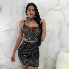 Rhinestone Sexy Club Mini Dress Women Two Pieces Dresses PQ2033