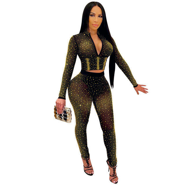 Black Rhinestone Two Pieces Sets Women Sequin Jumpsuit PQ5206