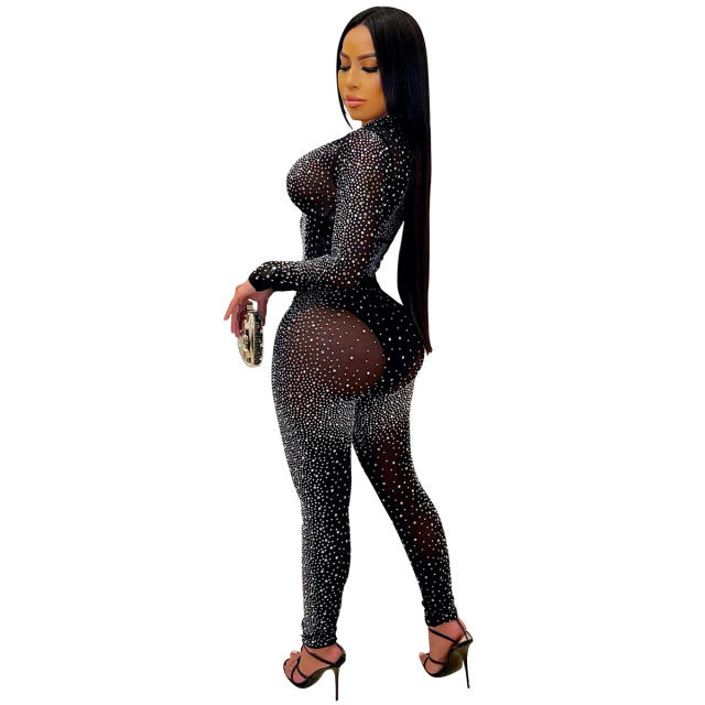 Black Rhinestone Two Pieces Sets Women Sequin Jumpsuit PQ5206