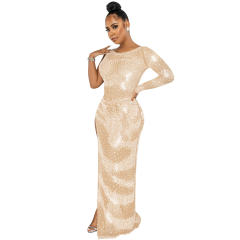 Apricot High Split Rhinestone Cocktail Dresses Sequin Evening Dress PQ5622B