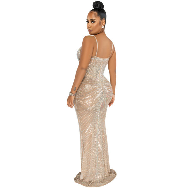 Apricot Rhinestone Cocktail Dresses Floor Length Sequin Evening Dress PQ5618B