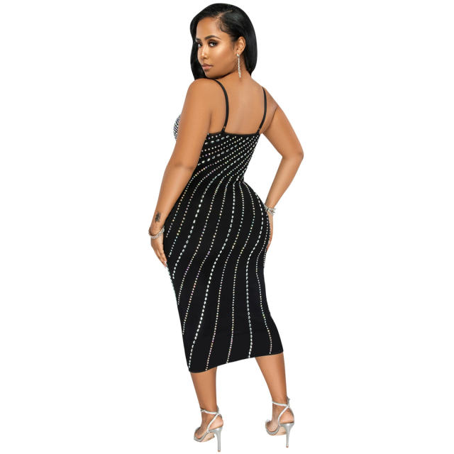 Black Wholesale Sequin Sexy Midi Dresses Rhinestone Bodycon Dress PQ5680