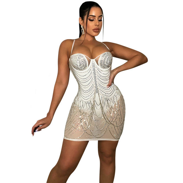 Black Sequin Chain Mini Dresses Mesh Rhinestone Club Dress PQ5868A