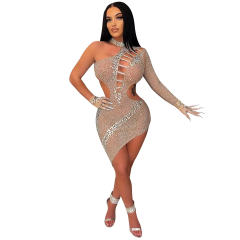 Sequin Sexy Hole Mini Dresses Halter Rhinestone Club Dress PQ5762