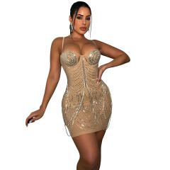 Red Sequin Chain Mini Dresses Mesh Rhinestone Club Dress PQ5868B