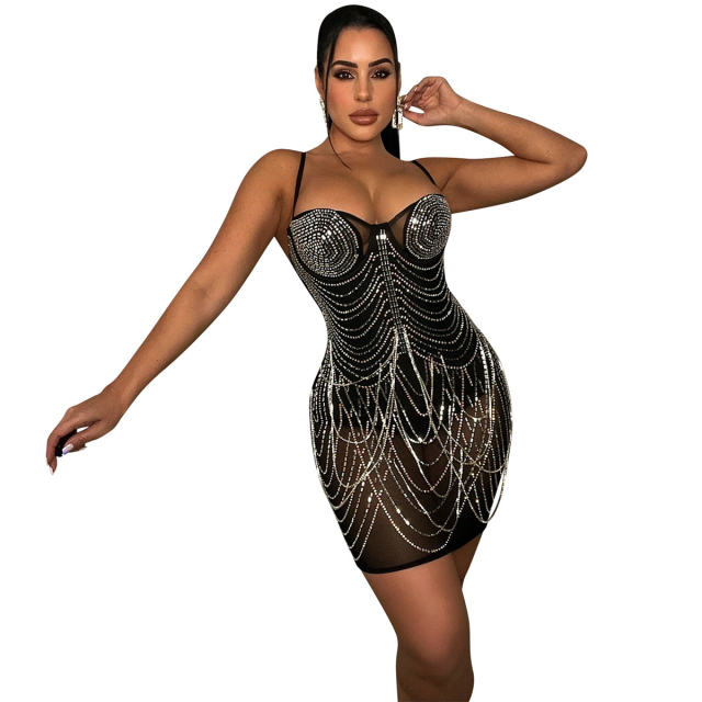 Red Sequin Chain Mini Dresses Mesh Rhinestone Club Dress PQ5868B