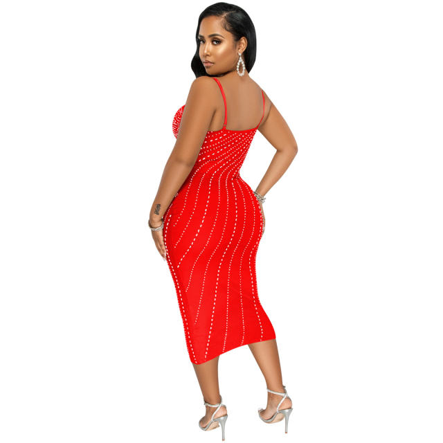Black Wholesale Sequin Sexy Midi Dresses Rhinestone Bodycon Dress PQ5680