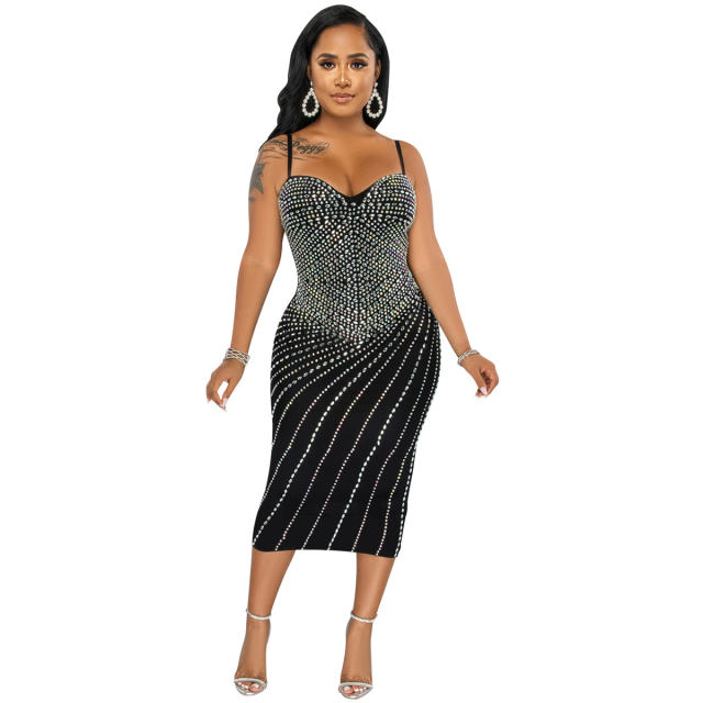 Black Wholesale Sequin Sexy Midi Dresses Rhinestone Bodycon Dress PQ5680