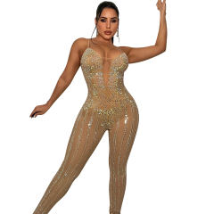 Deep V-neck Rhinestone Bodysuit Women Sequin Jumpsuit PQ5866