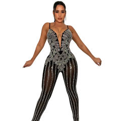 Deep V-neck Rhinestone Bodysuit Women Sequin Jumpsuit PQ5866