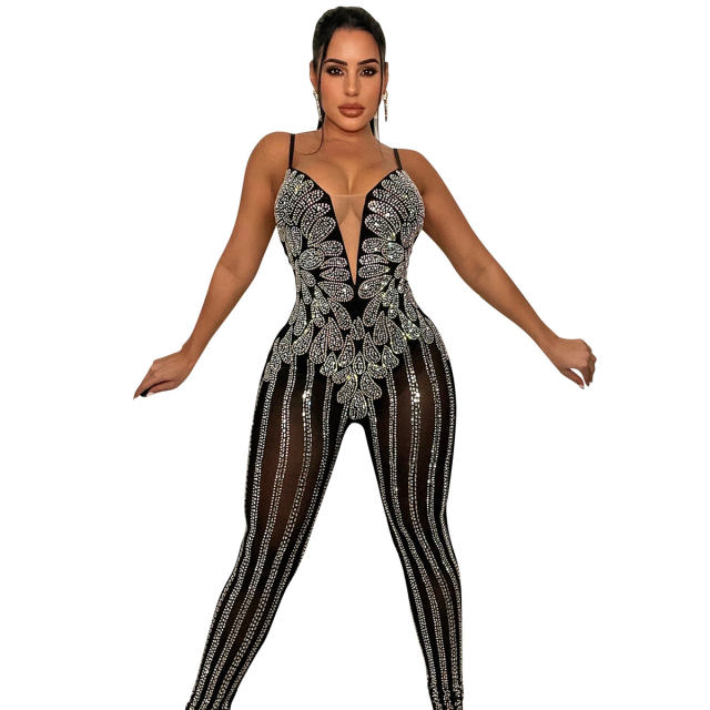 Deep V-neck Rhinestone Bodysuit Women Sequin Jumpsuit PQ5866