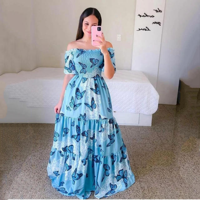 Fashion Printed Maxi Dress Plus Size Off Shoulder Boho Dresses PQ9070
