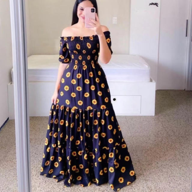 Fashion Printed Maxi Dress Plus Size Off Shoulder Boho Dresses PQ9070
