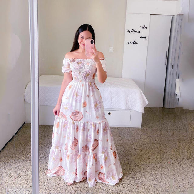 Fashion Printed Maxi Dress Plus Size Off Shoulder Boho Dresses PQ9070