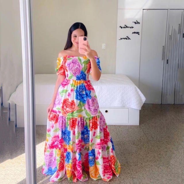 Fashion Printed Maxi Dress Plus Size Off Shoulder Boho Dresses PQ9070
