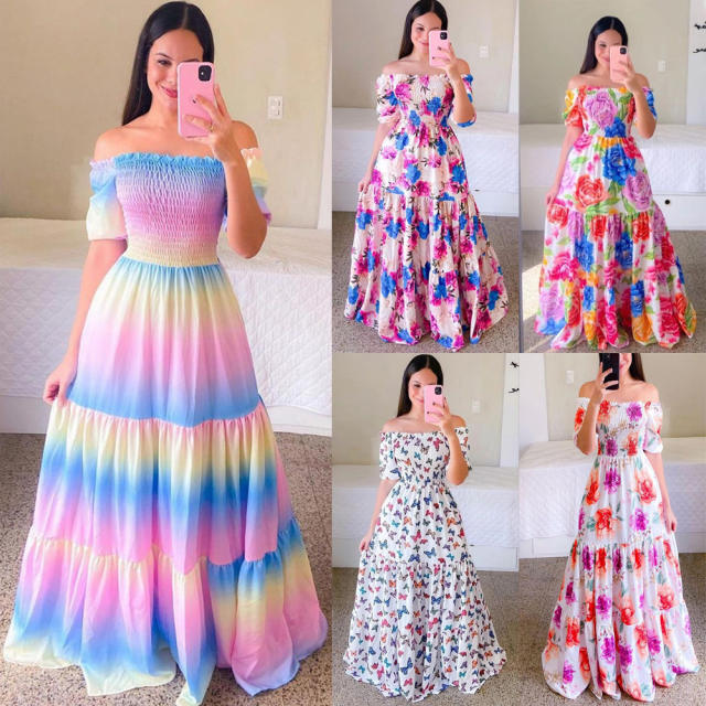 Fashion Printed Maxi Dress Plus Size Off Shoulder Boho Dresses PQ9070