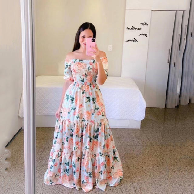 Fashion Printed Maxi Dress Plus Size Off Shoulder Boho Dresses PQ9070