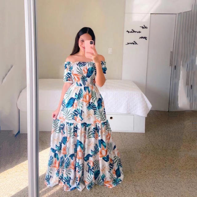 Fashion Printed Maxi Dress Plus Size Off Shoulder Boho Dresses PQ9070