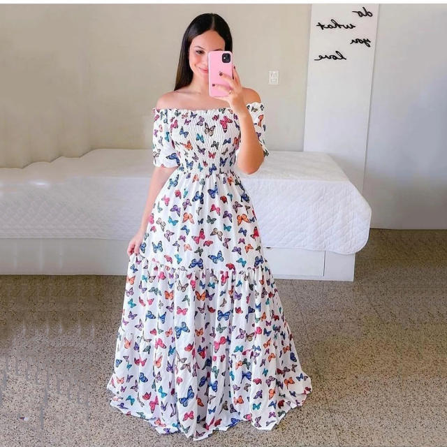 Fashion Printed Maxi Dress Plus Size Off Shoulder Boho Dresses PQ9070