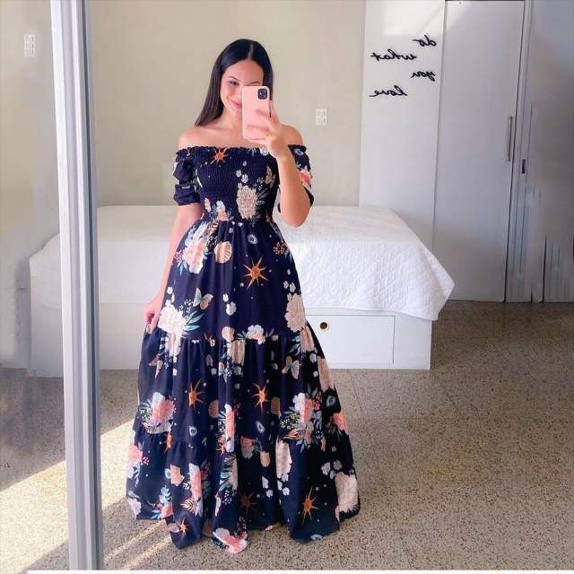 Fashion Printed Maxi Dress Plus Size Off Shoulder Boho Dresses PQ9070