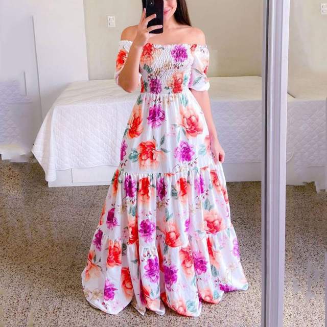 Fashion Printed Maxi Dress Plus Size Off Shoulder Boho Dresses PQ9070
