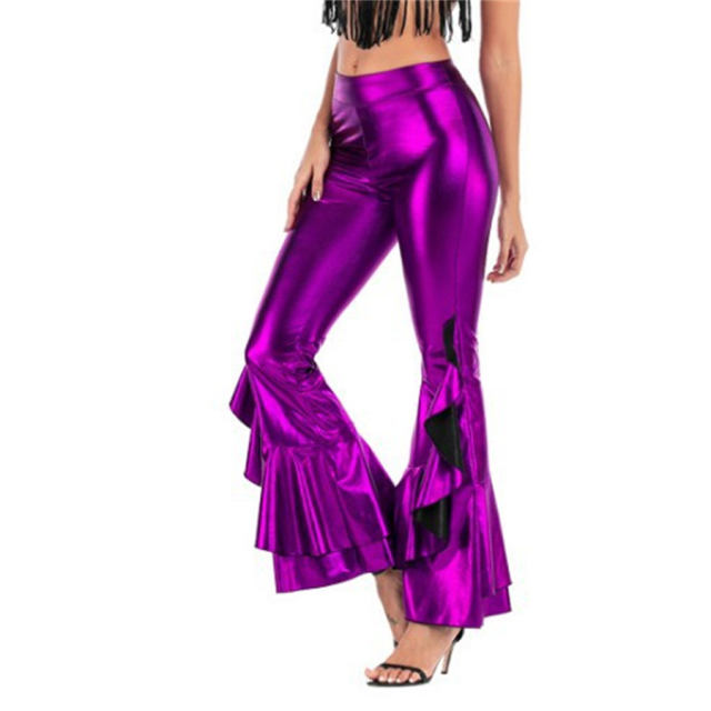 Wholesale Faux Leather Irregular Flared Trousers Nightclub Wide Leg Pants PQTK03