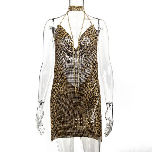 Women Sexy Metal Mini Dress Sequin Night Club Wear PQ627