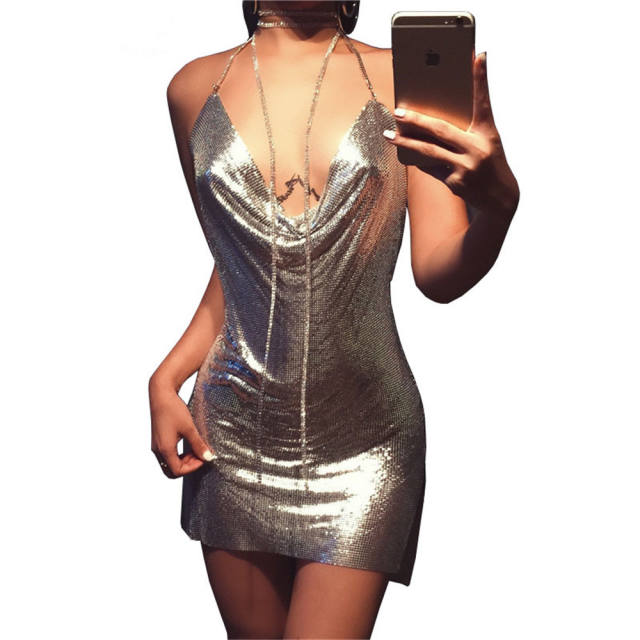 Women Sexy Metal Mini Dress Sequin Night Club Wear PQ627